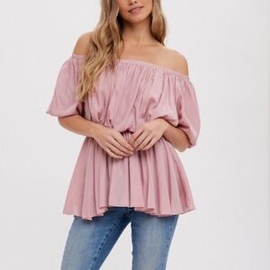 Bluivy Balloon Peplum Off the Shoulder Blouse in Dusty Pink